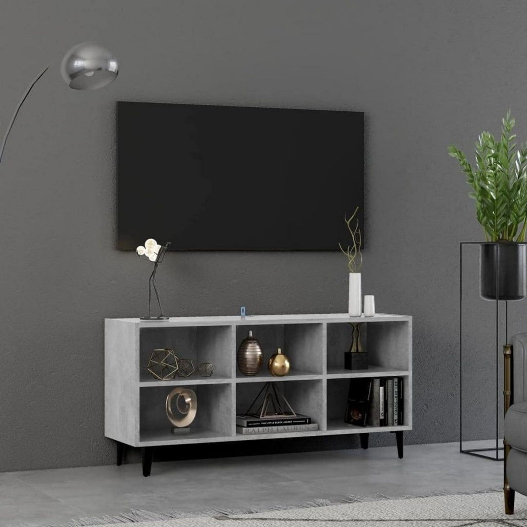 Meuble TV gris fonce avec une fixation murale invisible