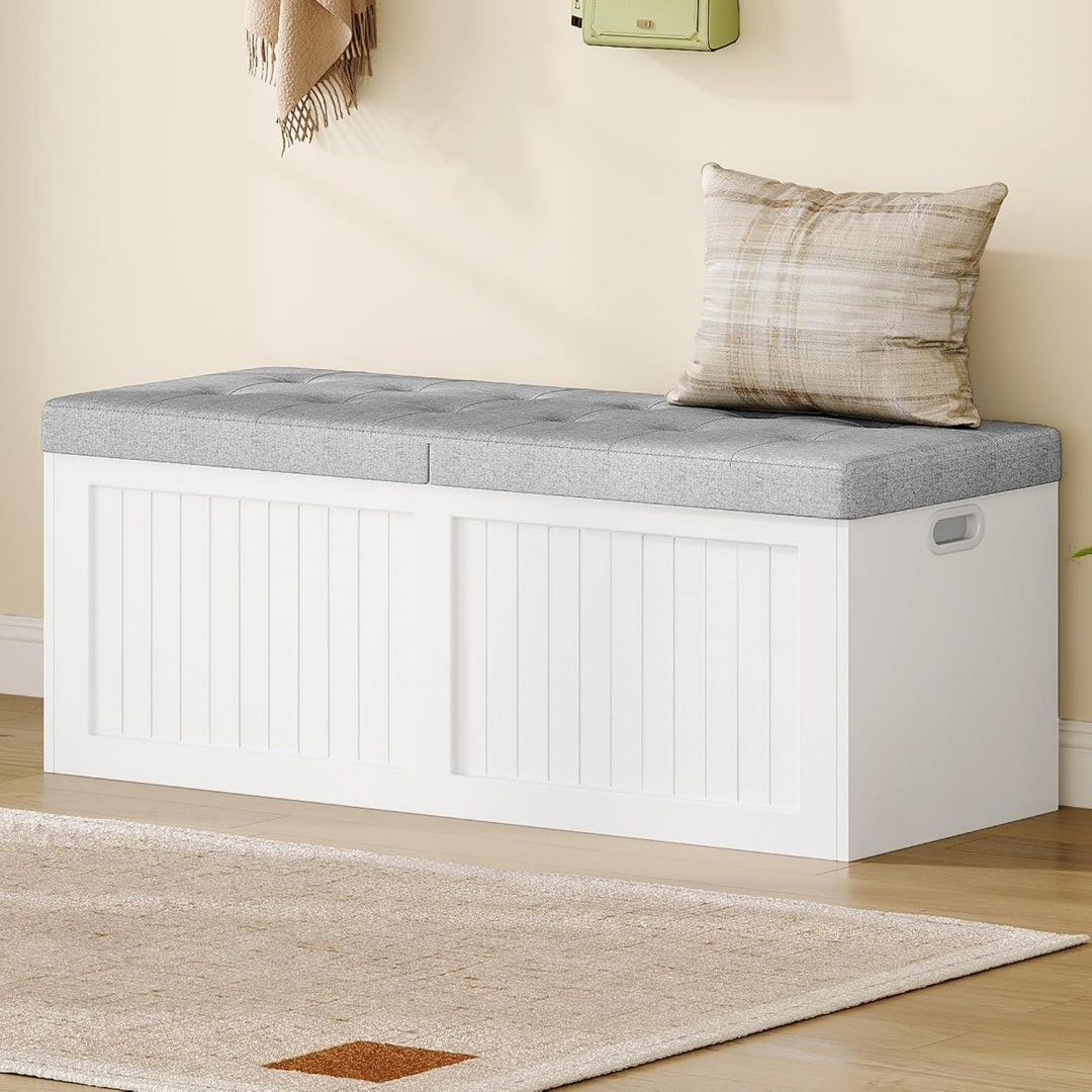 Chaleureux banc de rangement gris clair rembourre en tissu style rustique